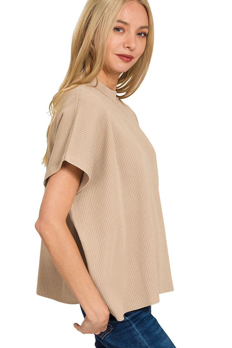 Ribbed Mock Neck Boxy Top | Light Mocha