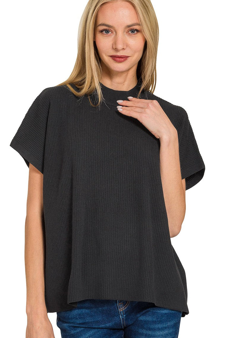 Ribbed Mock Neck Boxy Top | Black