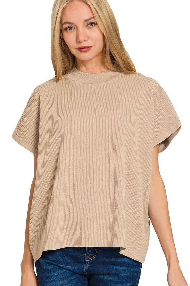 Ribbed Mock Neck Boxy Top | Light Mocha