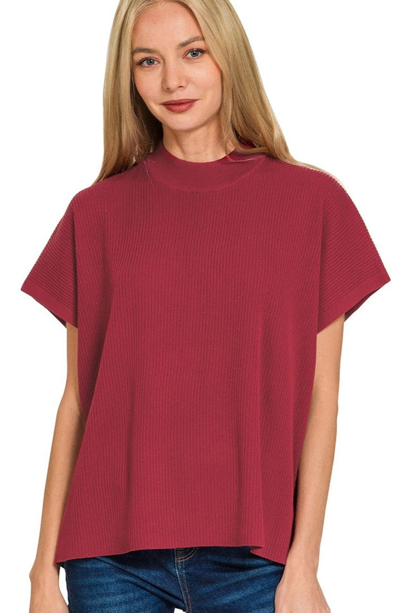 Ribbed Mock Neck Boxy Sweater Top | Cabernet