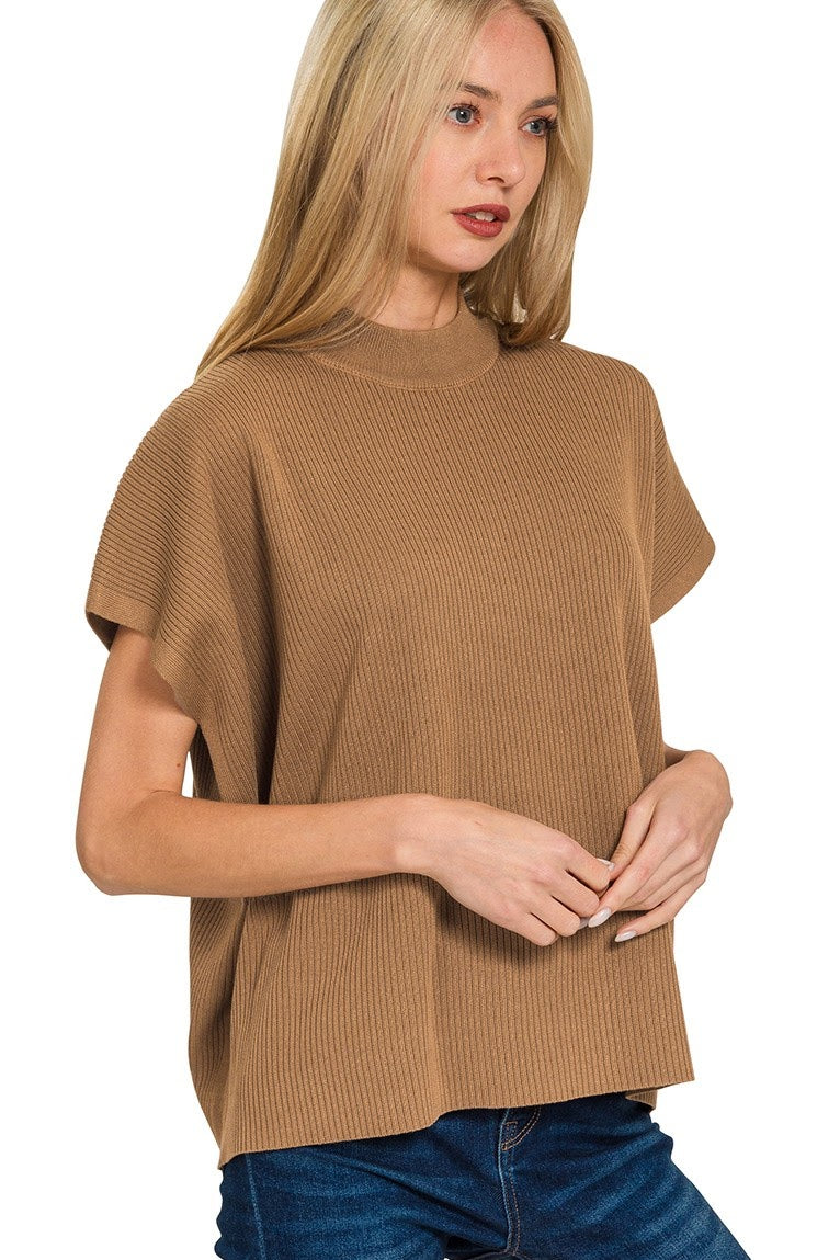 Ribbed Mock Neck Boxy Sweater Top | Camel