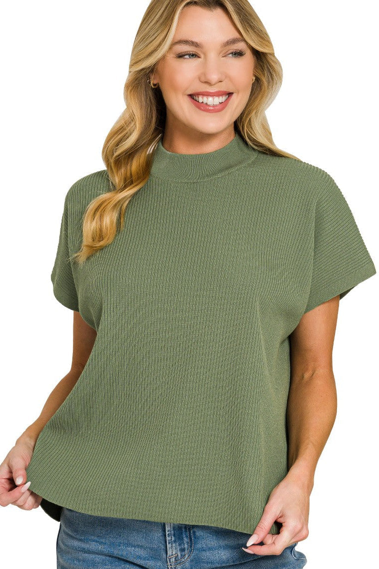 Ribbed Mock Neck Boxy Top | Light Olive
