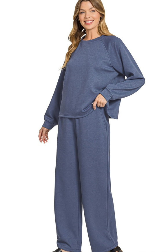 Scuba Sweatshirt & Wide Sweatpants 2 Piece Set | Blue Indigo