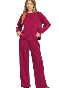 Scuba Sweatshirt & Wide Sweatpants 2 Piece Set | Cabernet