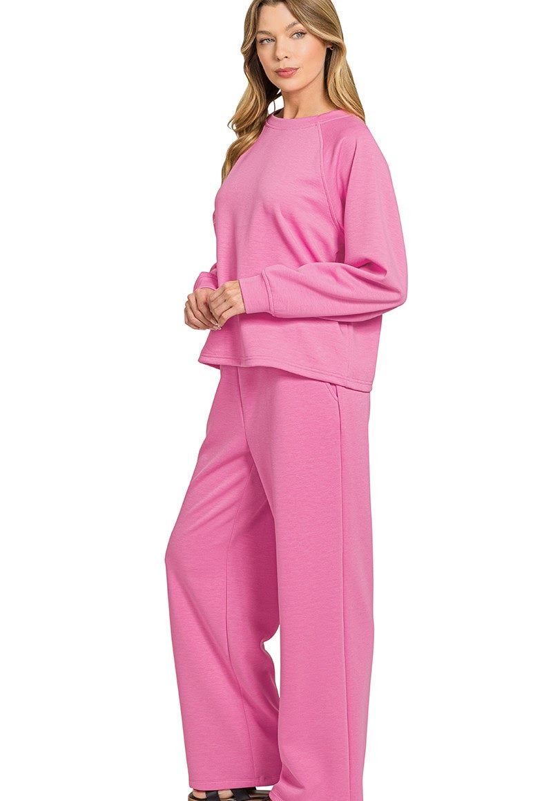 Scuba Sweatshirt & Wide Sweatpants 2 Piece Set | Candy Pink