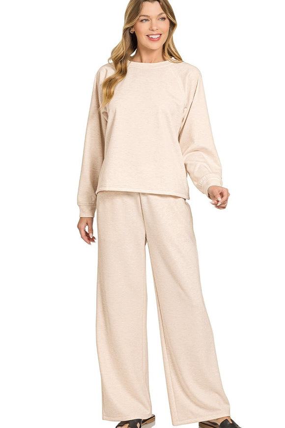 Scuba Sweatshirt & Wide Sweatpants 2 Piece Set | Heather Beige