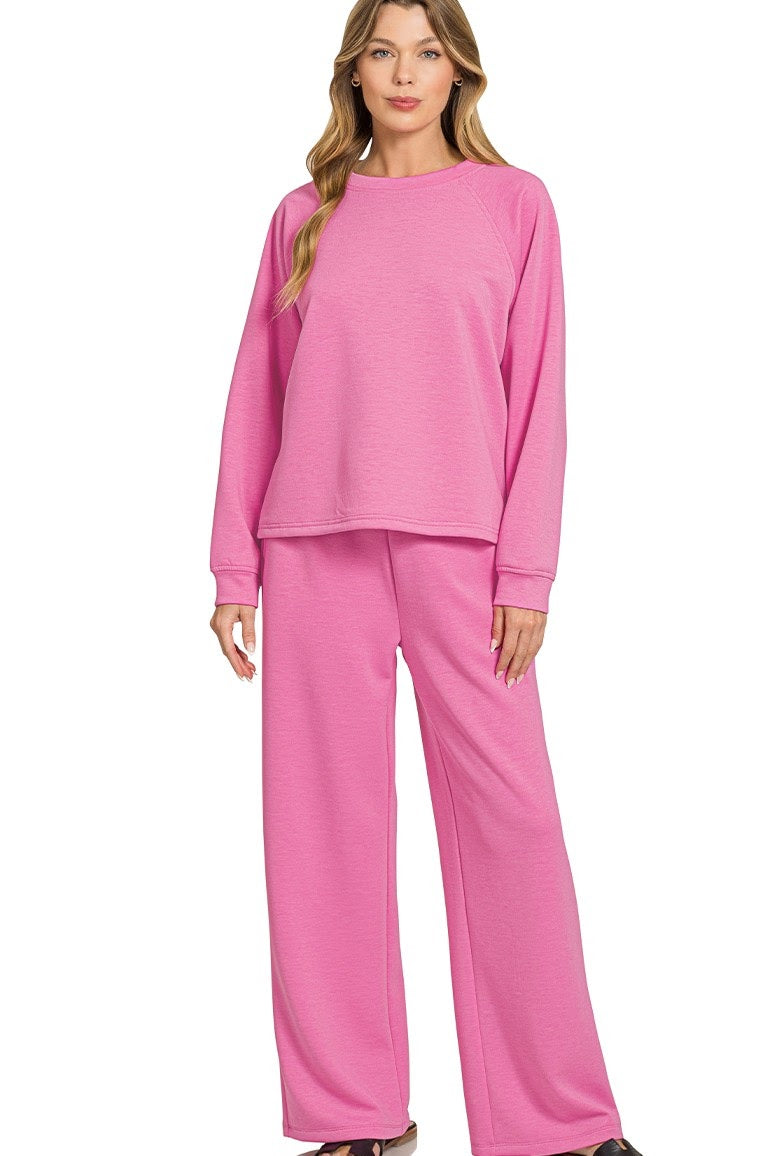Scuba Sweatshirt & Wide Sweatpants 2 Piece Set | Candy Pink
