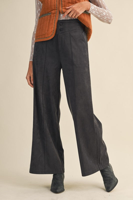 High Rise Relaxed Wide Leg Suede Pants | Charcoal Grey