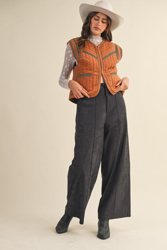 High Rise Relaxed Wide Leg Suede Pants | Charcoal Grey