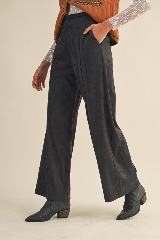 High Rise Relaxed Wide Leg Suede Pants | Charcoal Grey