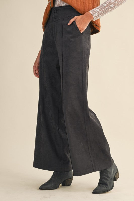 High Rise Relaxed Wide Leg Suede Pants | Charcoal Grey