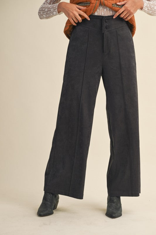 High Rise Relaxed Wide Leg Suede Pants | Charcoal Grey