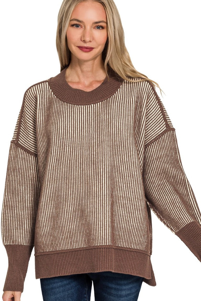 Exposed Seam Two Tone Hi Low Sweater Top | Brown