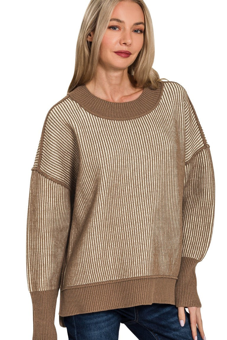Exposed Seam Two Tone Hi Low Sweater Top | Mocha