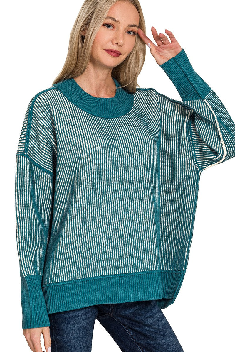 Exposed Seam Two Tone Hi Low Sweater Top | Teal
