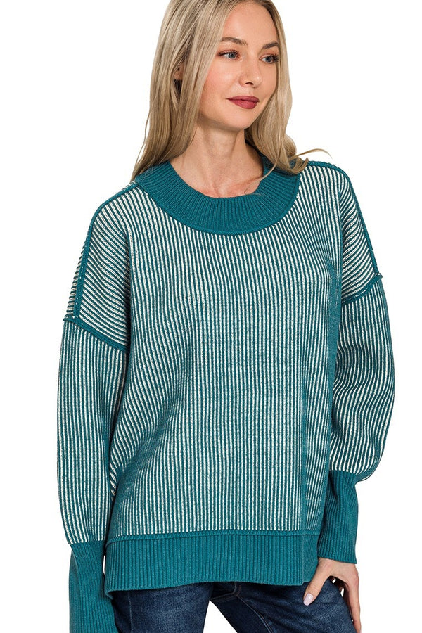 Exposed Seam Two Tone Hi Low Sweater Top | Teal