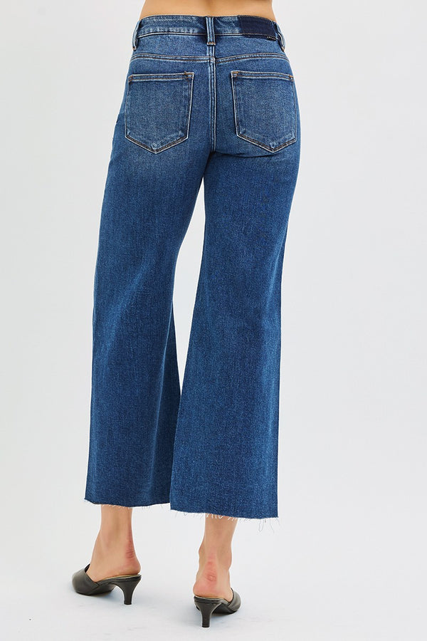 Risen Jeans | Mid Rise Crop Wide Raw Cut Hem Dark