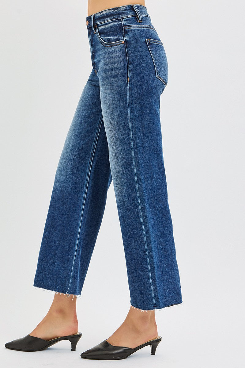 Risen Jeans | Mid Rise Crop Wide Raw Cut Hem Dark