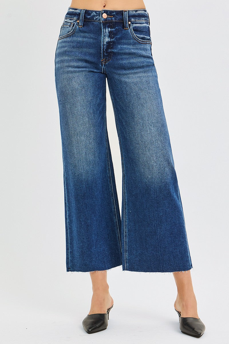 Risen Jeans | Mid Rise Crop Wide Raw Cut Hem Dark