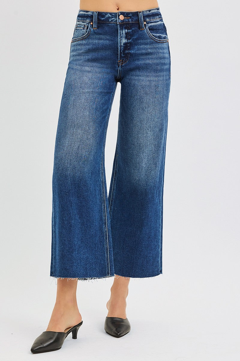 Risen Jeans | Mid Rise Crop Wide Raw Cut Hem Dark
