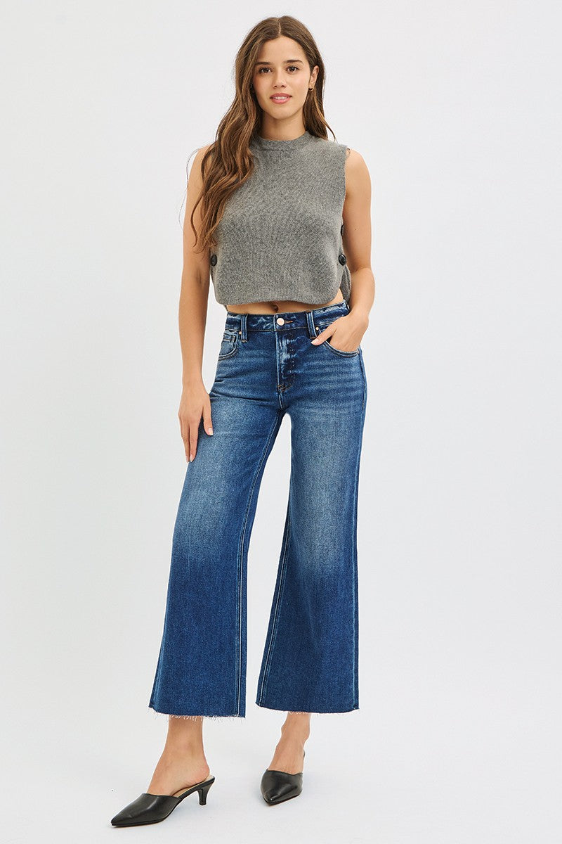 Risen Jeans | Mid Rise Crop Wide Raw Cut Hem Dark