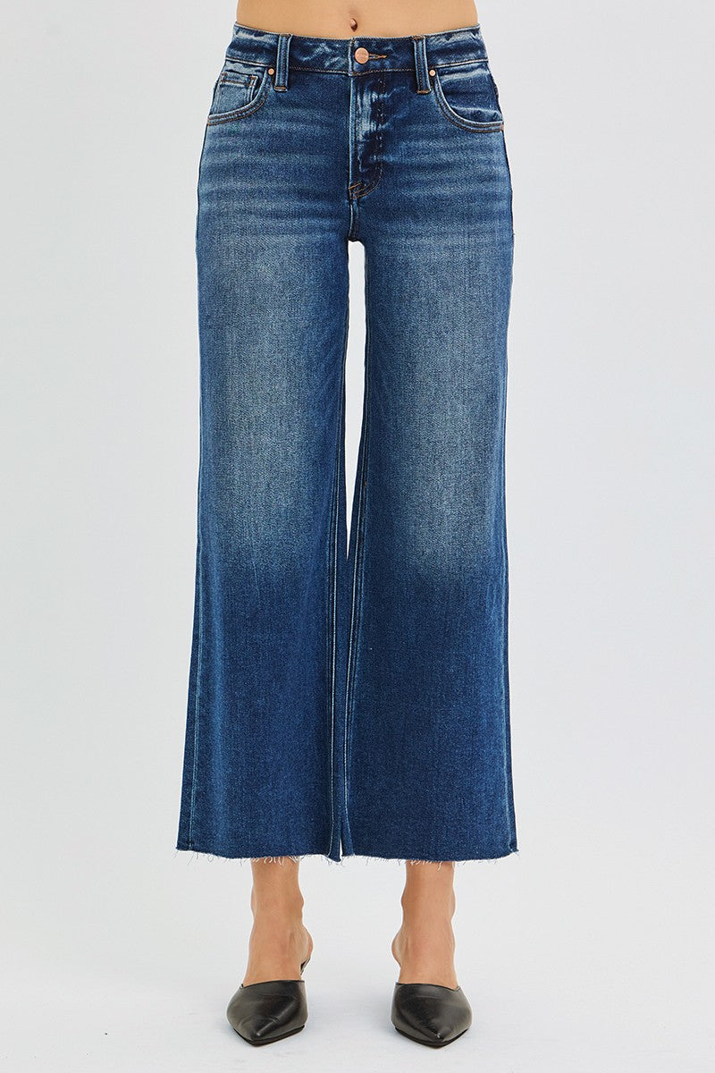 Risen Jeans | Mid Rise Crop Wide Raw Cut Hem Dark