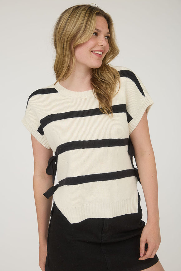 Stripe Side Tie Bow Sweater Top | Cream