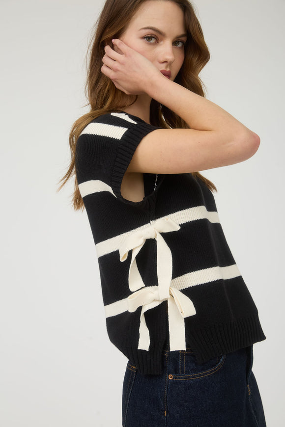 Stripe Side Tie Bow Sweater Top | Black