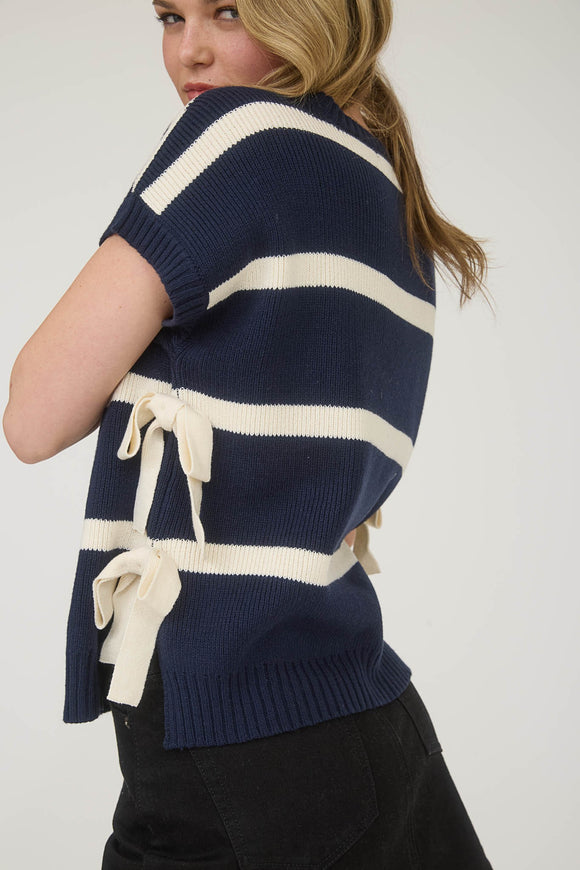 Stripe Side Tie Bow Sweater Top | Navy