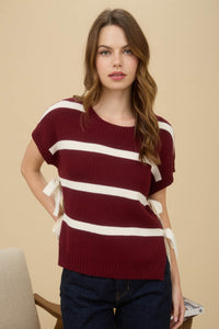 Stripe Side Tie Bow Sweater Top | Burgundy