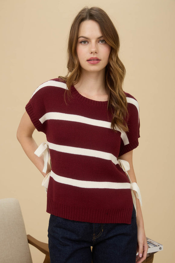 Stripe Side Tie Bow Sweater Top | Burgundy