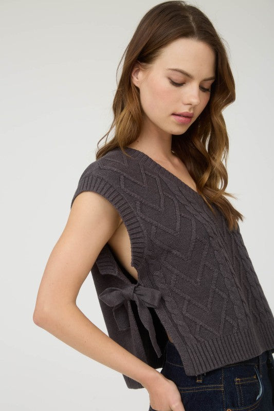 Cable Knit Side Tie V-Neck Vest Top | Charcoal