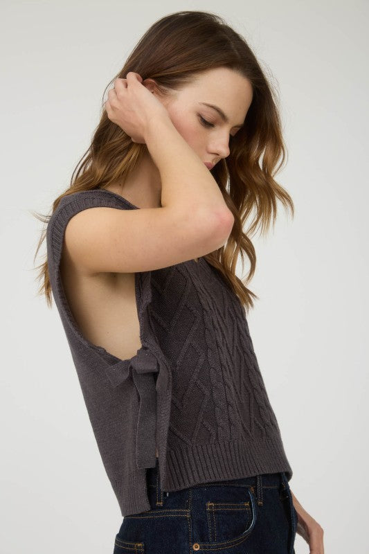 Cable Knit Side Tie V-Neck Vest Top | Charcoal