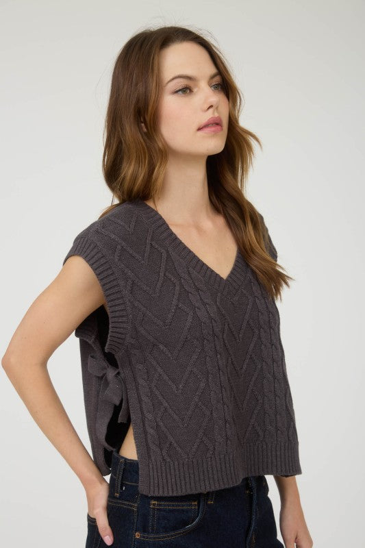 Cable Knit Side Tie V-Neck Vest Top | Charcoal