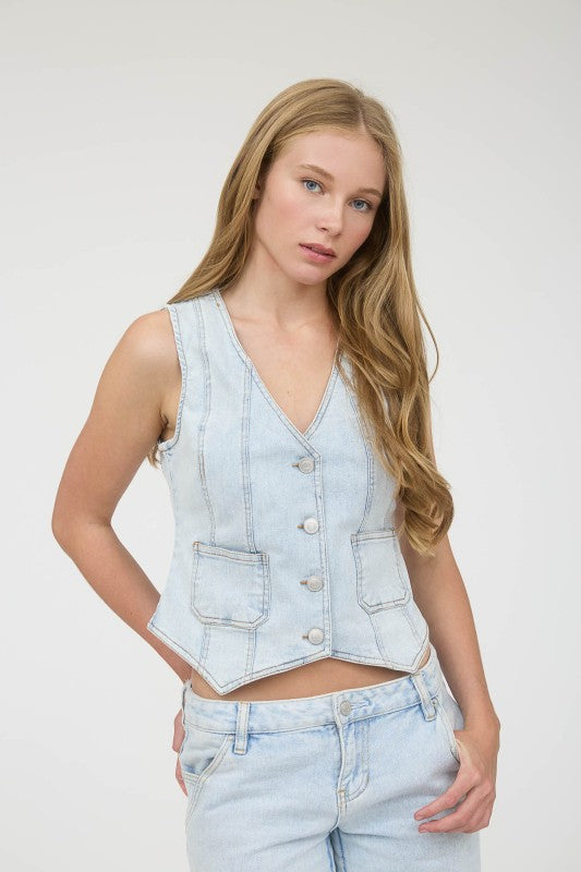 Denim Button Down Pocket Detail Vest | Light Wash