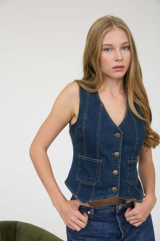 Denim Button Down Pocket Detail Vest | Dark Wash