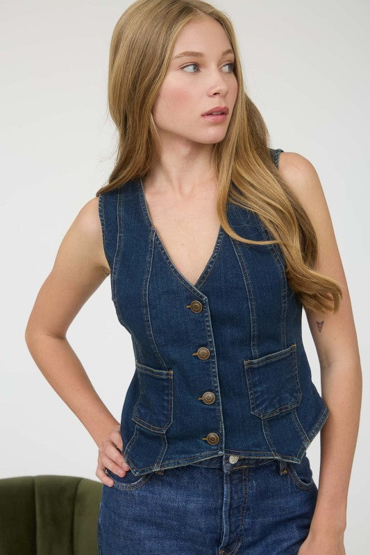 Denim Button Down Pocket Detail Vest | Dark Wash