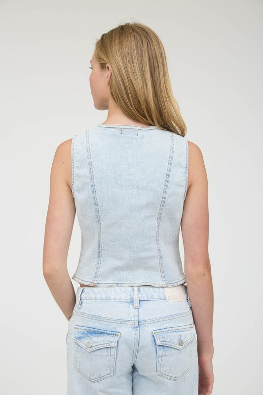Denim Button Down Pocket Detail Vest | Light Wash
