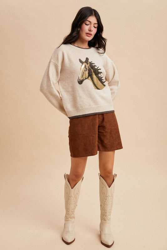 Horse Jacquard Wool Blend Sweater Top | Oatmeal