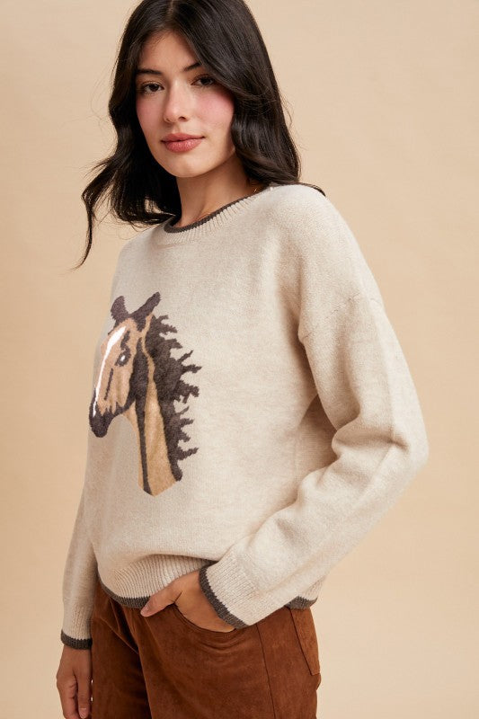 Horse Jacquard Wool Blend Sweater Top | Oatmeal