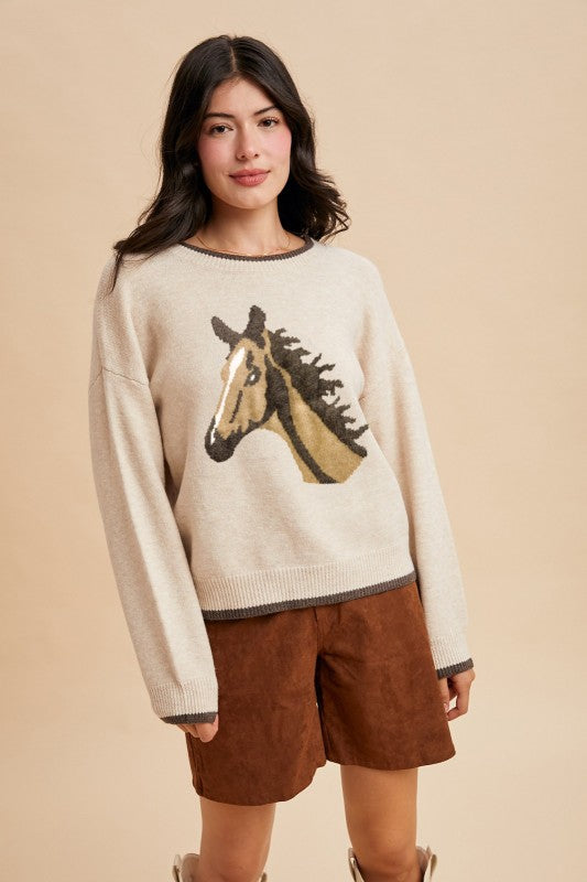 Horse Jacquard Wool Blend Sweater Top | Oatmeal