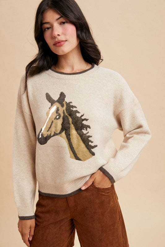 Horse Jacquard Wool Blend Sweater Top | Oatmeal