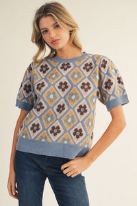 Retro Floral Sweater Top | Blue
