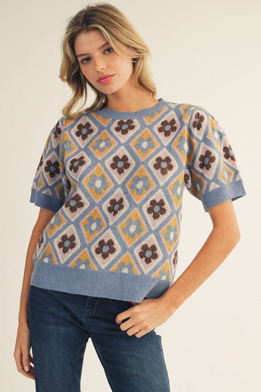 Retro Floral Sweater Top | Blue