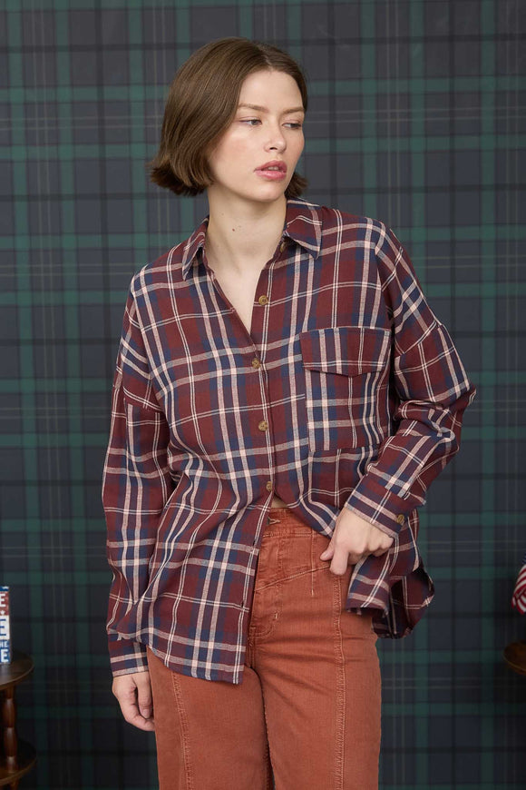 Plaid Button Down Long Sleeve Top | Burgundy