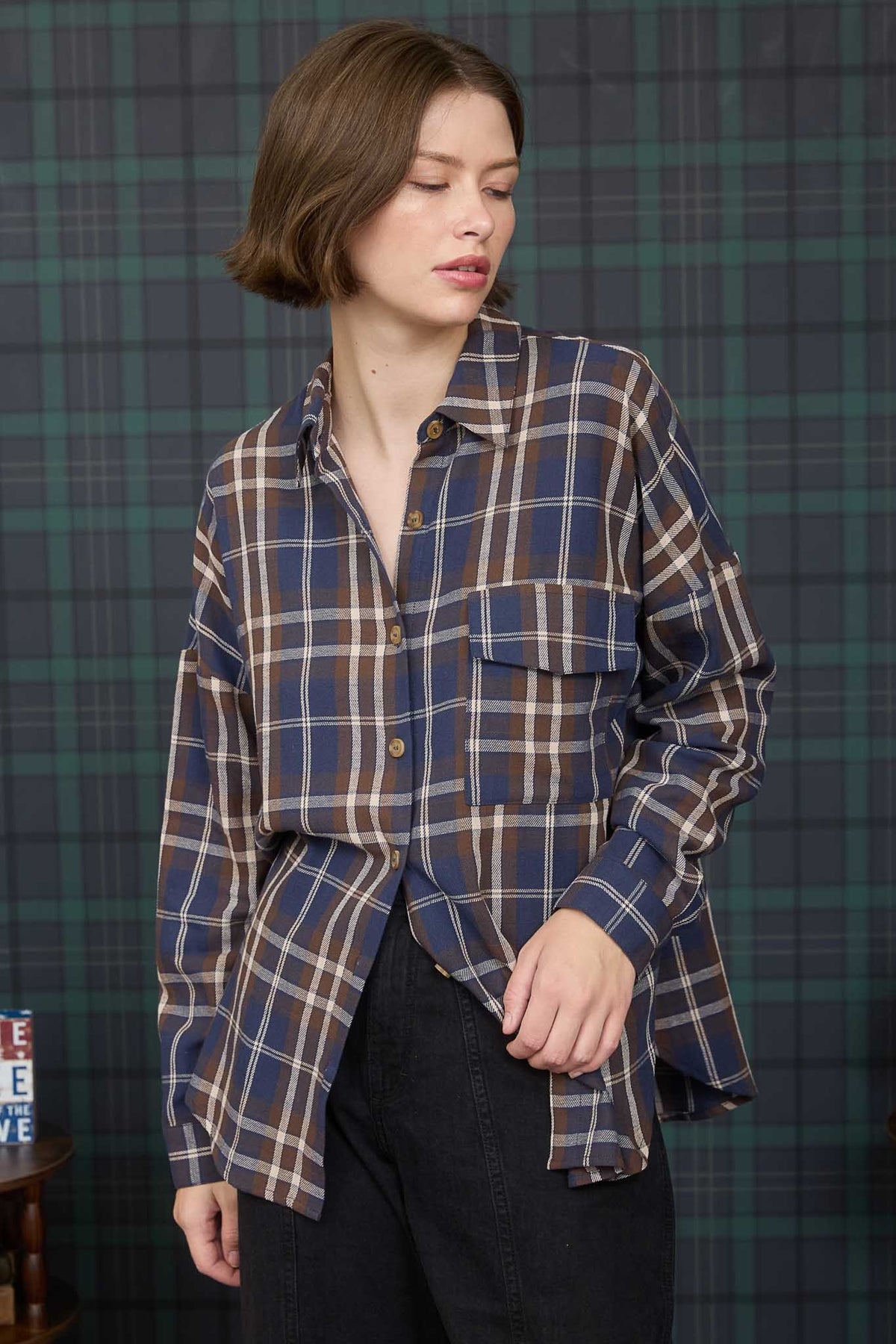 Plaid Button Down Long Sleeve Top | Navy