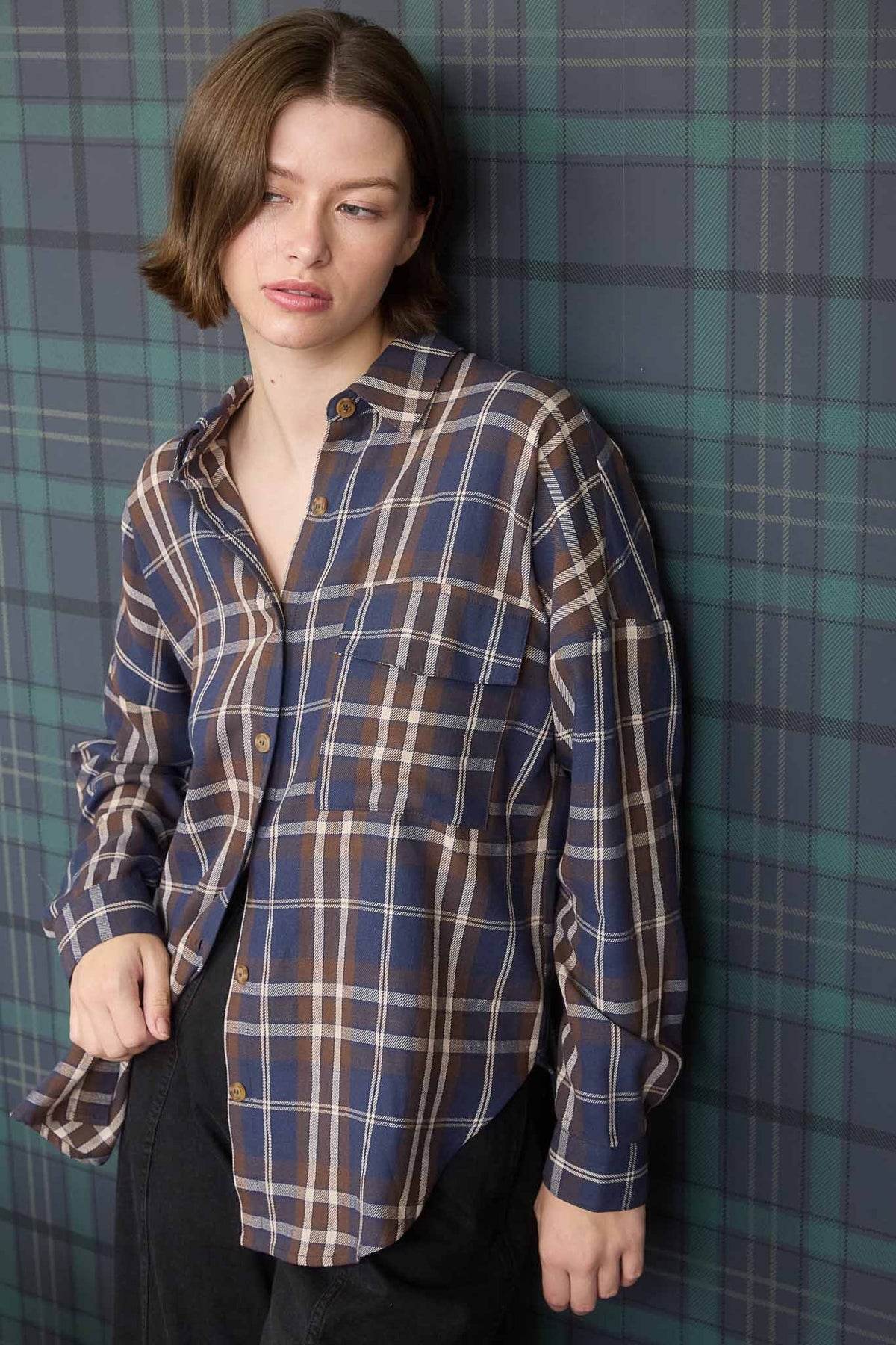 Plaid Button Down Long Sleeve Top | Navy