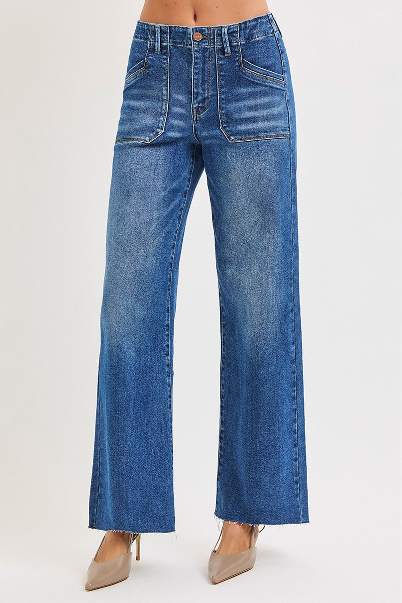 Risen Jeans | Mid Rise Wide Leg Front Patch Pocket