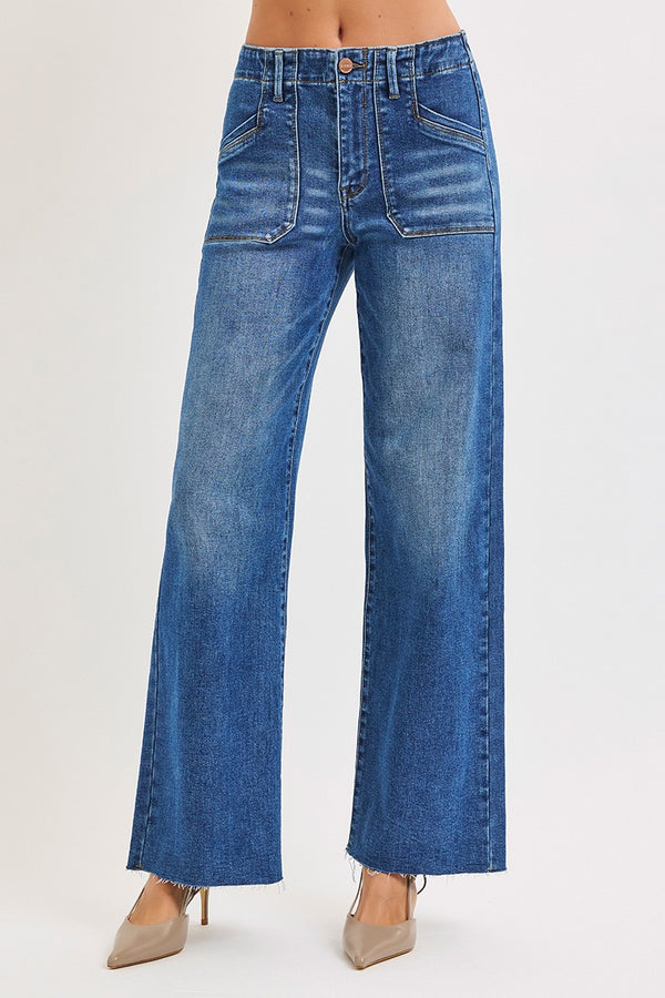 Risen Jeans | Mid Rise Wide Leg Front Patch Pocket