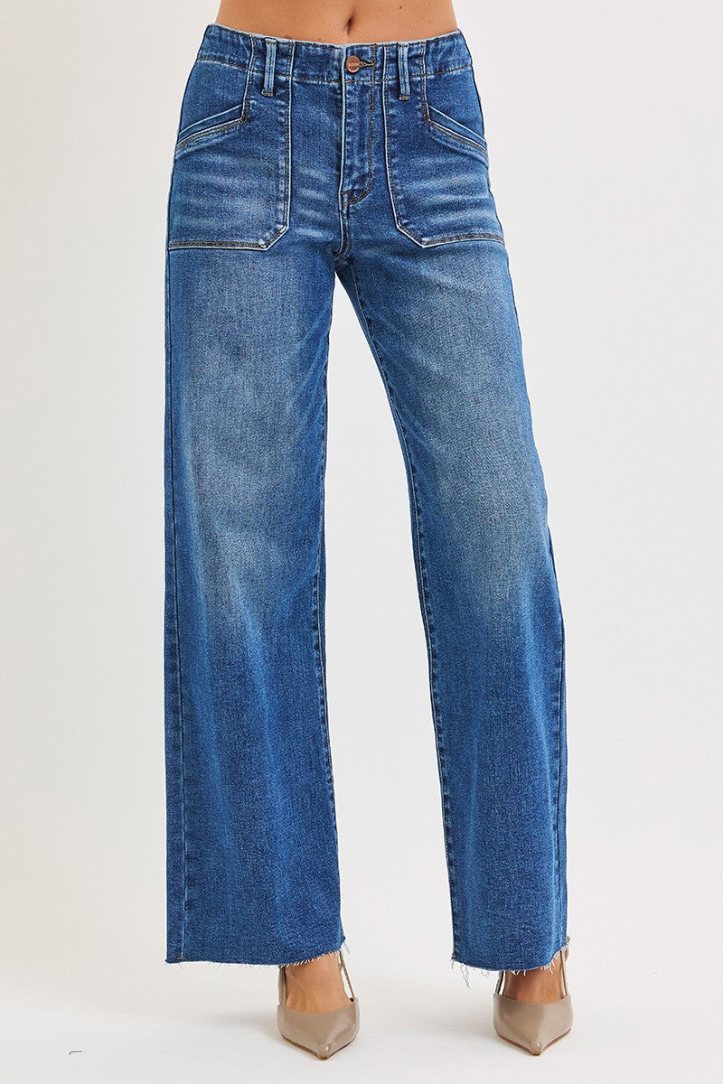 Risen Jeans | Mid Rise Wide Leg Front Patch Pocket